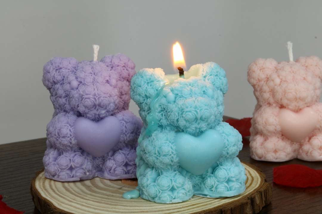 Rose Bear Holding Heart Candle