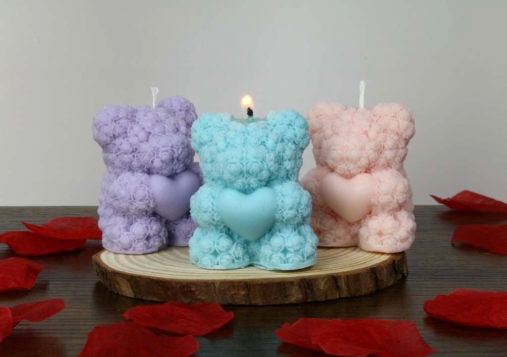 Rose Bear Holding Heart Candle
