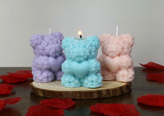 Rose Bear Holding Heart Candle