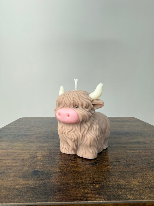 Brown HighLand Cow Candle With White Horns and Pink nose